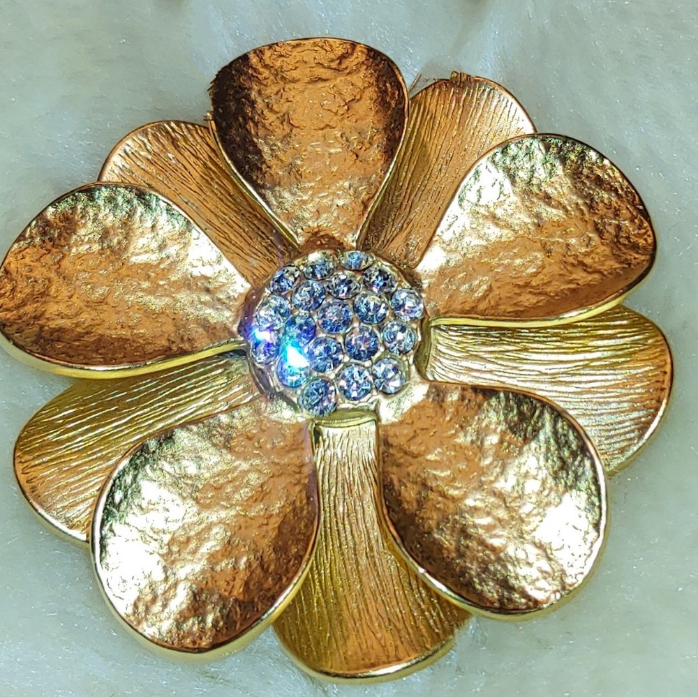 Vintage Gold-tone & Crystal Double Petal Flower Brooch/Clip-on Pendant 2"